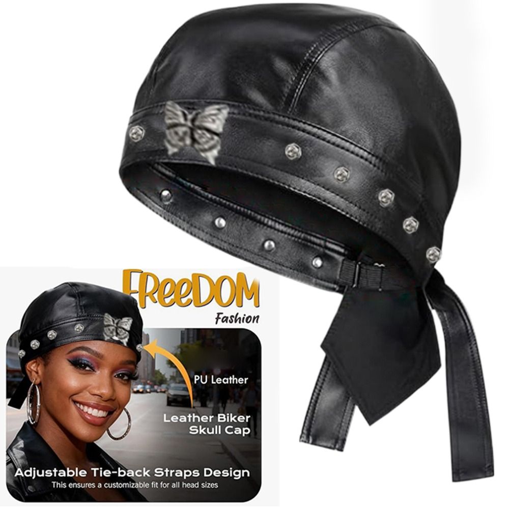 Bandana Doo Rag - Schwarze Biker-Kappe aus PU-Leder, verstellbares Doo-Rag-Bandana,